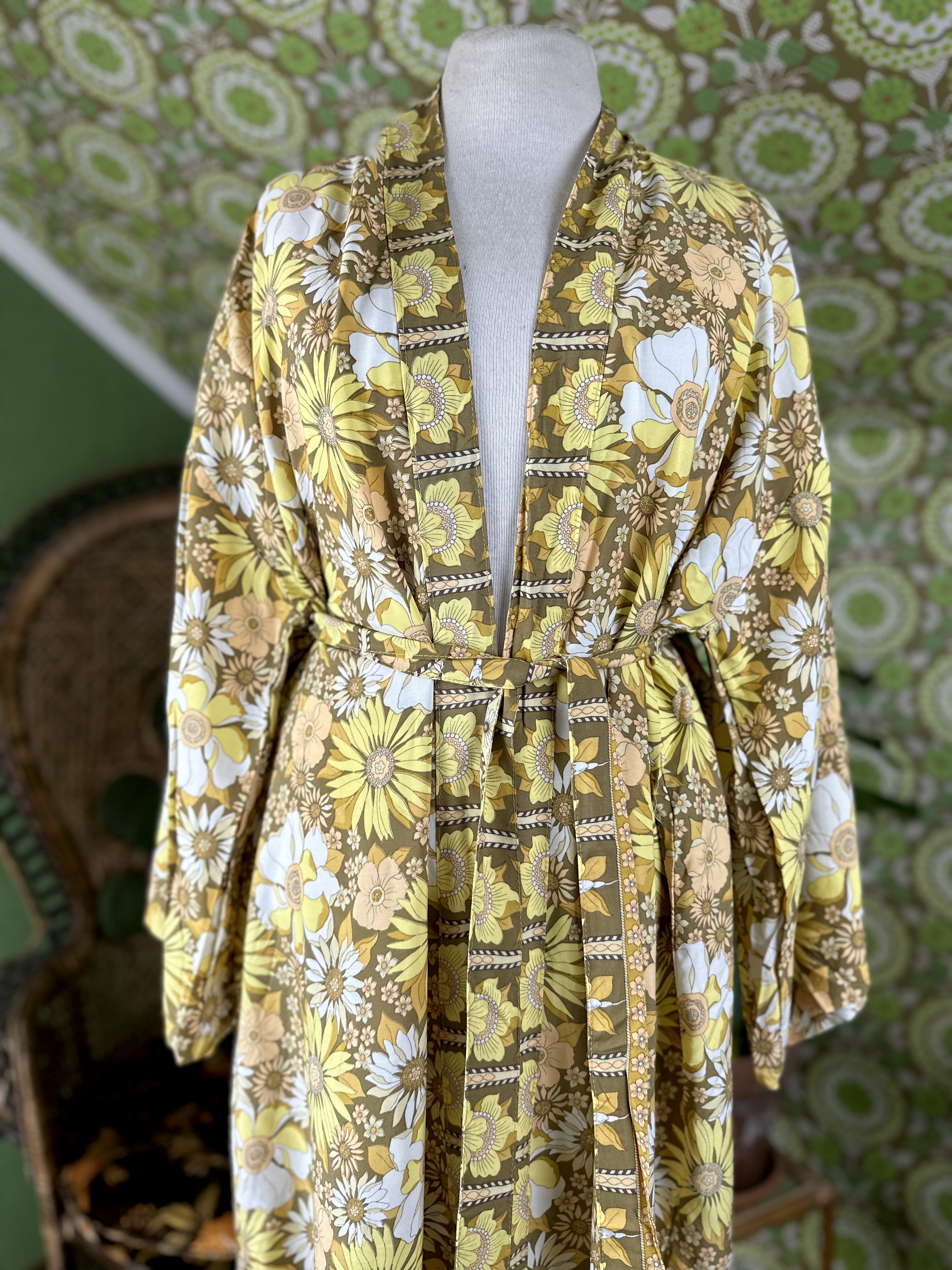 kimono  gul retro floral  lång  - 3