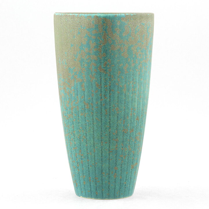 Gunnar Nylund (ARH 1950s) Green Quadratic Vase with Linear Relief 16 cm (2)