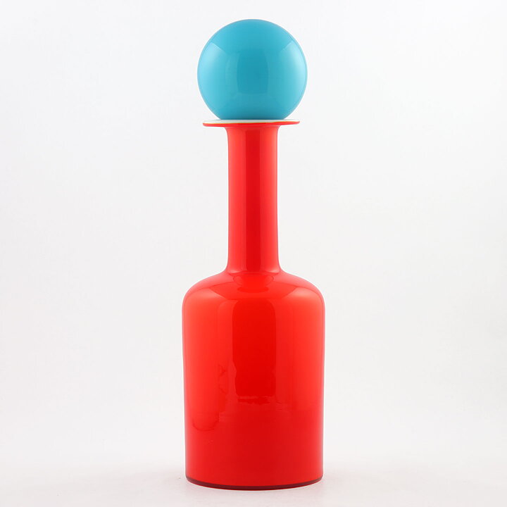 Otto Brauer (Gulvvase 1962) Red Cased Bottle with Turquoise Ball 40 cm