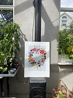 Collage "Midsommarkrans" / himmelsblå av Maria C Bernhardsson. Orginal utan ram. 70x50cm.