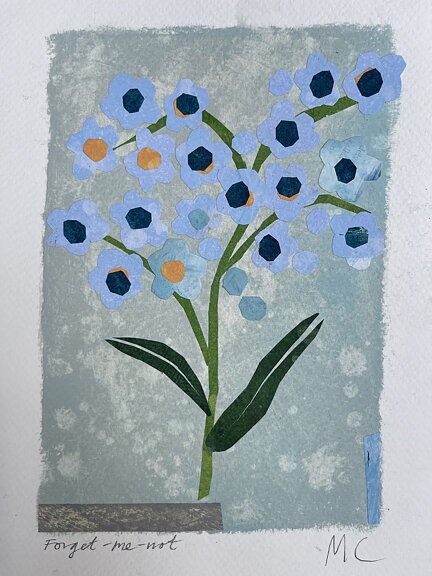 Collage "Forget-me-not" av Maria C Bernhardsson. Orginal utan ram. 25x17,5cm.