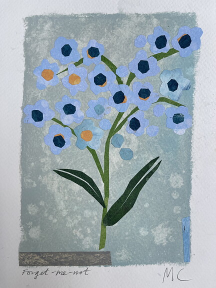 Collage "Forget-me-not" av Maria C Bernhardsson. Orginal utan ram. 25x17,5cm.