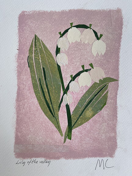 Såld! Collage "Lily of the Valley" av Maria C Bernhardsson. Orginal utan ram. 25x17,5cm.