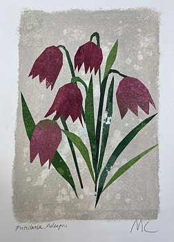 Collage "Kungsängslilja"/ Fritillaria Meleagris" av Maria C Bernhardsson. Orginal utan ram. 25x17,5cm.
