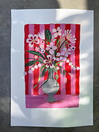 Collage "Bukett och rosa-röd tapet" av Maria C Bernhardsson. Orginal utan ram. 70x50cm.