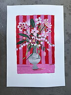 Collage "Bukett och rosa-röd tapet" av Maria C Bernhardsson. Orginal utan ram. 70x50cm.