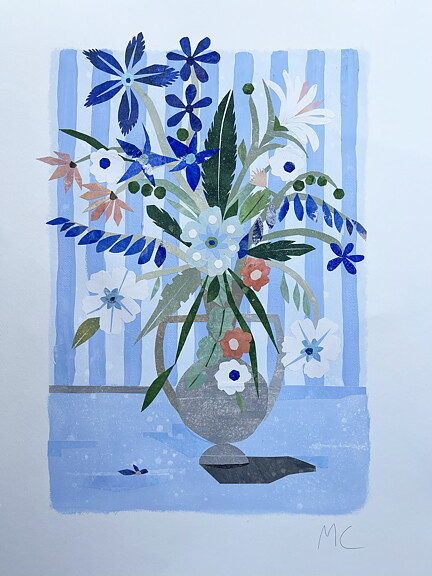 Såld!. Collage "Bukett och blårandig tapet" av Maria C Bernhardsson. Orginal utan ram. 70x50cm.
