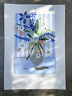 Såld!. Collage "Bukett och blårandig tapet" av Maria C Bernhardsson. Orginal utan ram. 70x50cm.