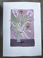 Collage "Bukett med liljekonvalj och rosenskära" av Maria C Bernhardsson. Orginal utan ram. 70x50cm.