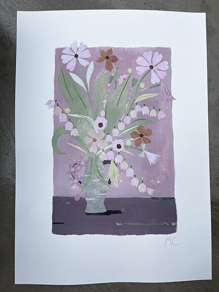 Collage "Bukett med liljekonvalj och rosenskära" av Maria C Bernhardsson. Orginal utan ram. 70x50cm.