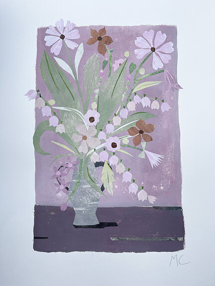 Collage "Bukett med liljekonvalj och rosenskära" av Maria C Bernhardsson. Orginal utan ram. 70x50cm.