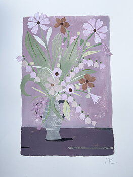 Collage "Bukett med liljekonvalj och rosenskära" av Maria C Bernhardsson. Orginal utan ram. 70x50cm.