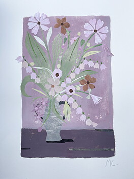 Collage "Bukett med liljekonvalj och rosenskära" av Maria C Bernhardsson. Orginal utan ram. 70x50cm.