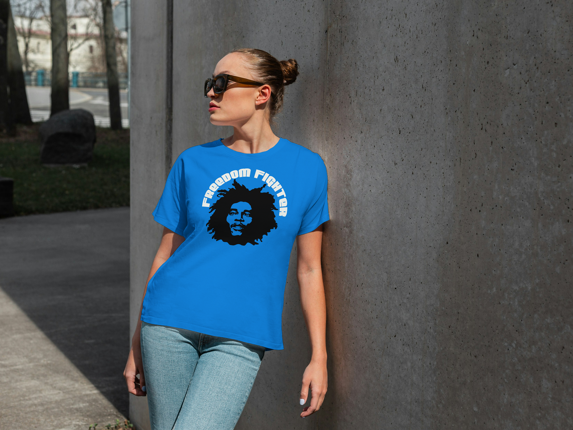 Bob Marley Freedom Fighter T- shirt Carolina Blue