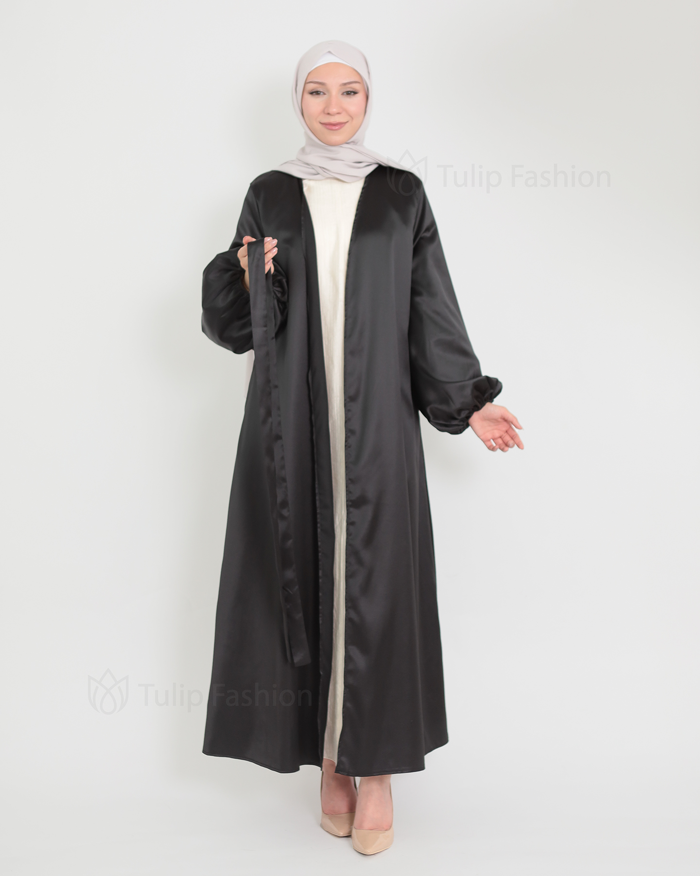 Open Satin Abaya - Black - 3