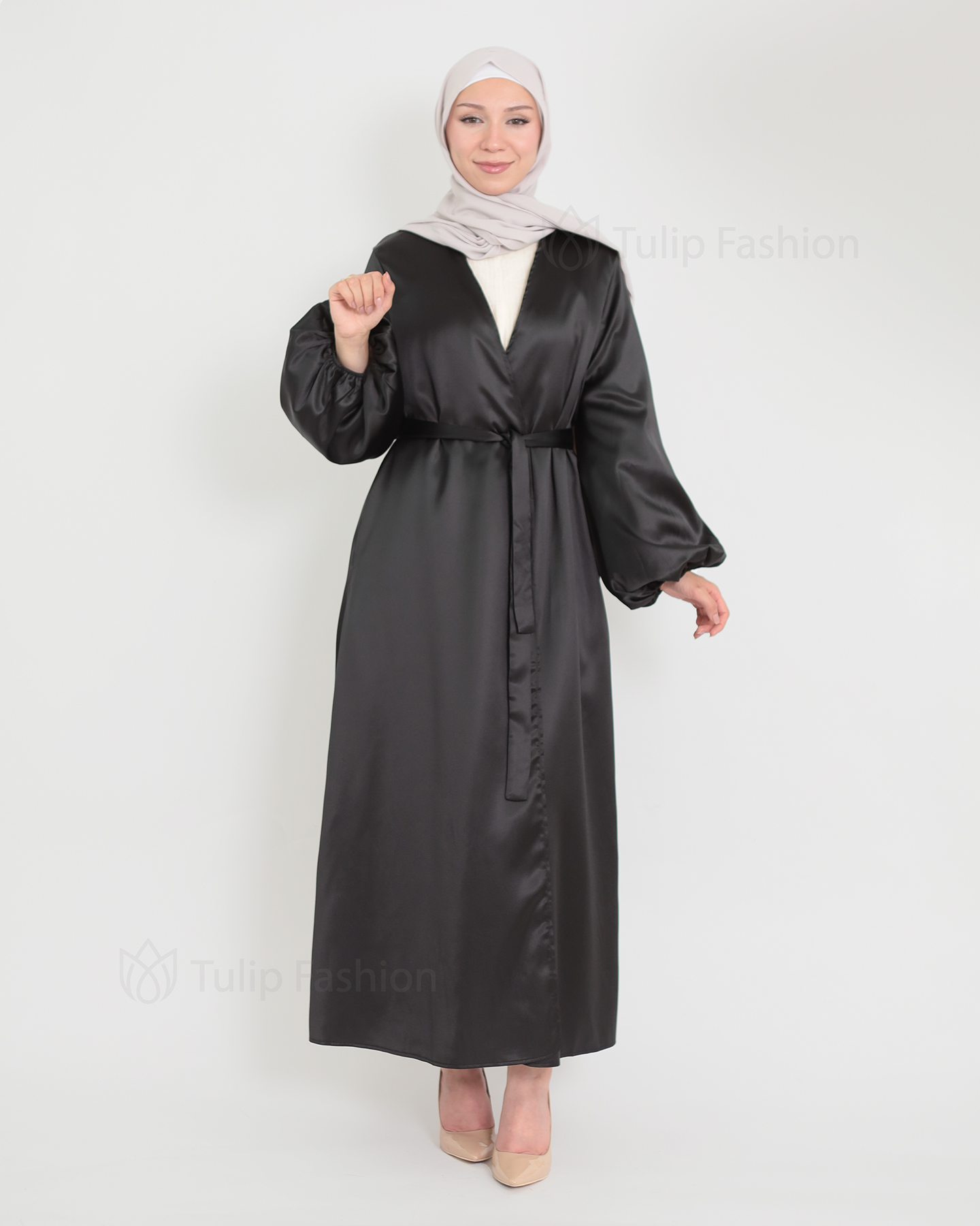 Open Satin Abaya - Black - 2
