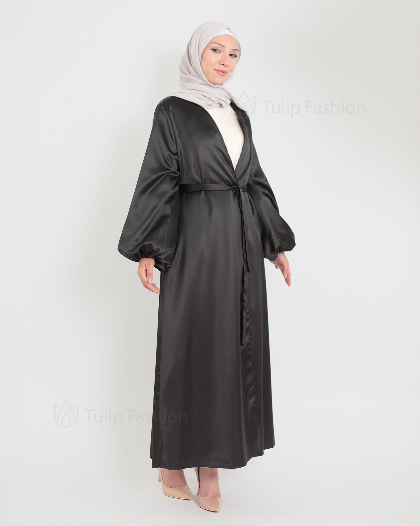 Open Satin Abaya - Black - 4