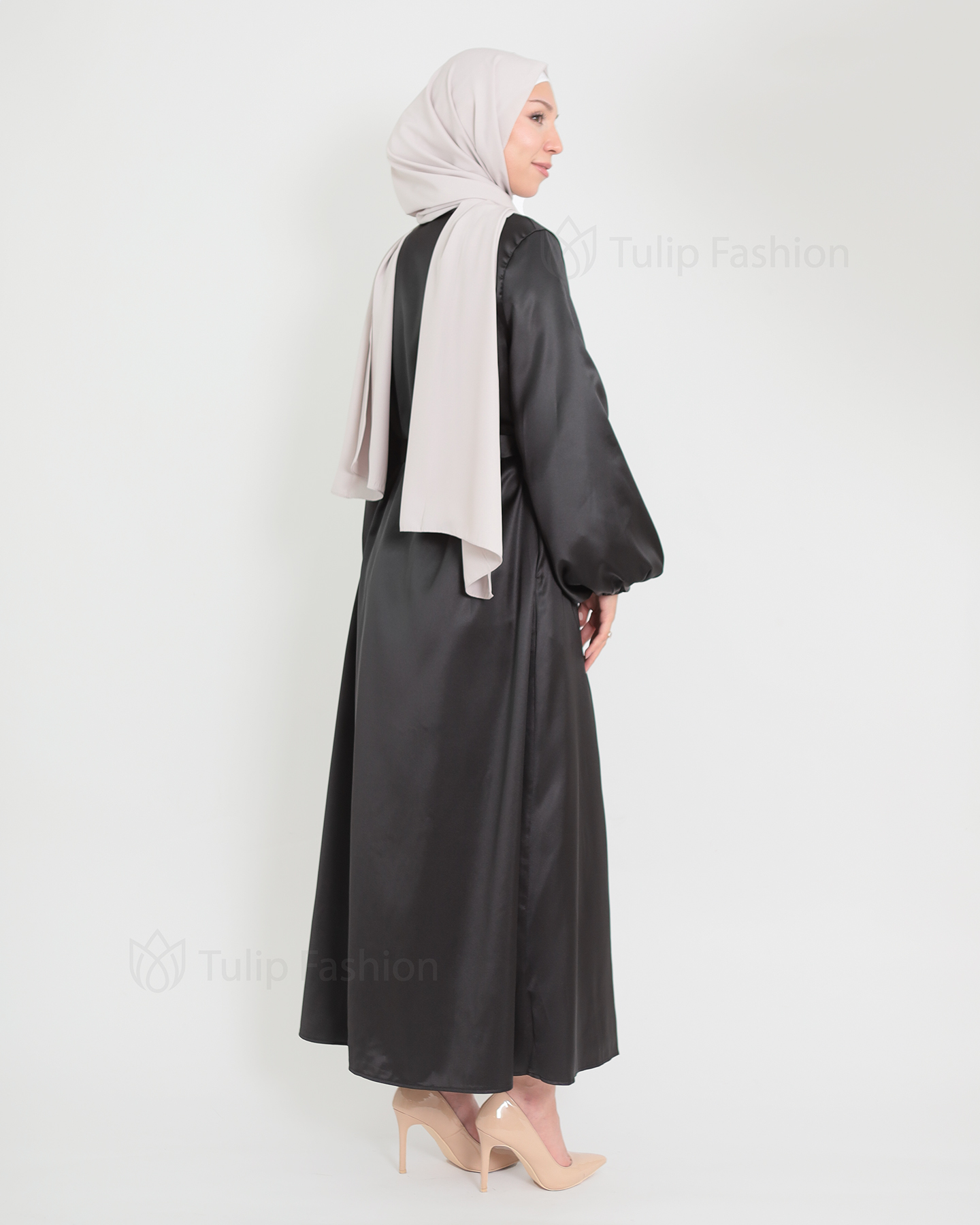 Open Satin Abaya - Black - 5