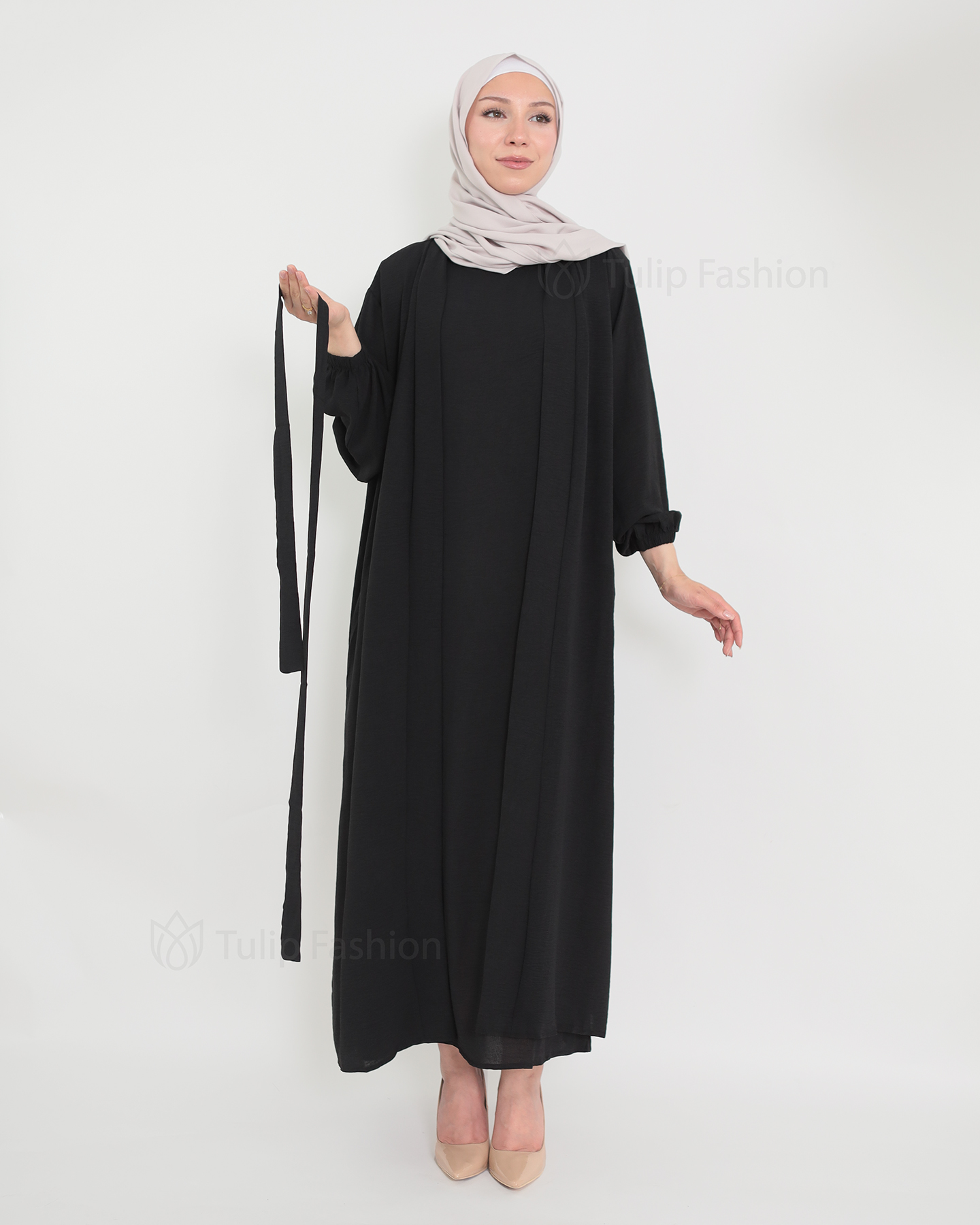 Open Abaya set with sleeveless dress - Black - 3