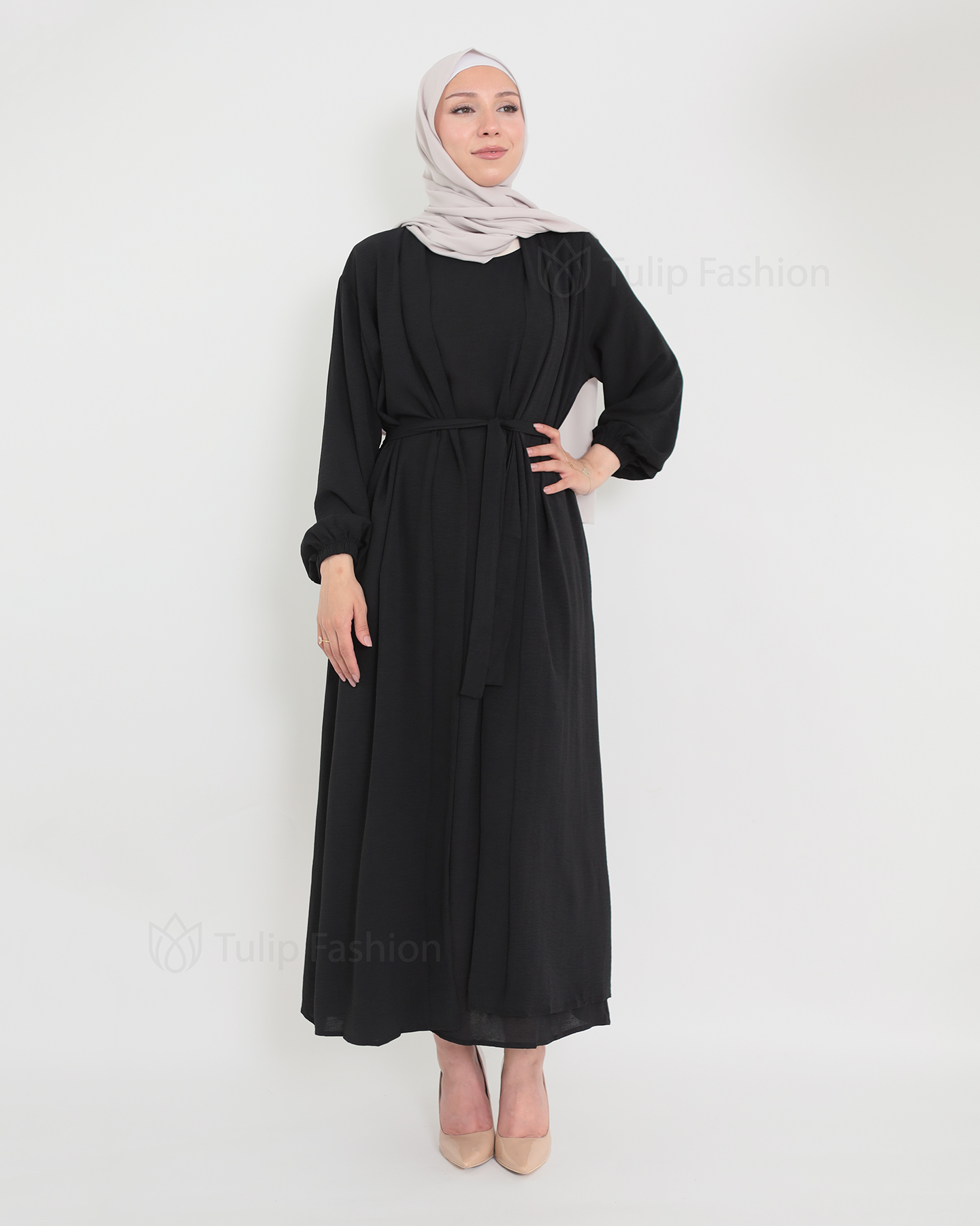 Open Abaya set with sleeveless dress - Black
