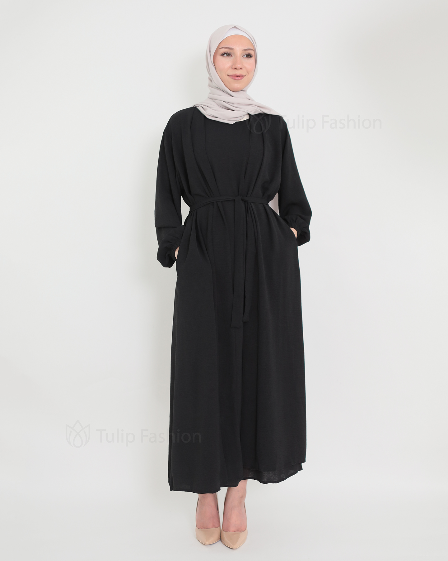 Open Abaya set with sleeveless dress - Black - 2