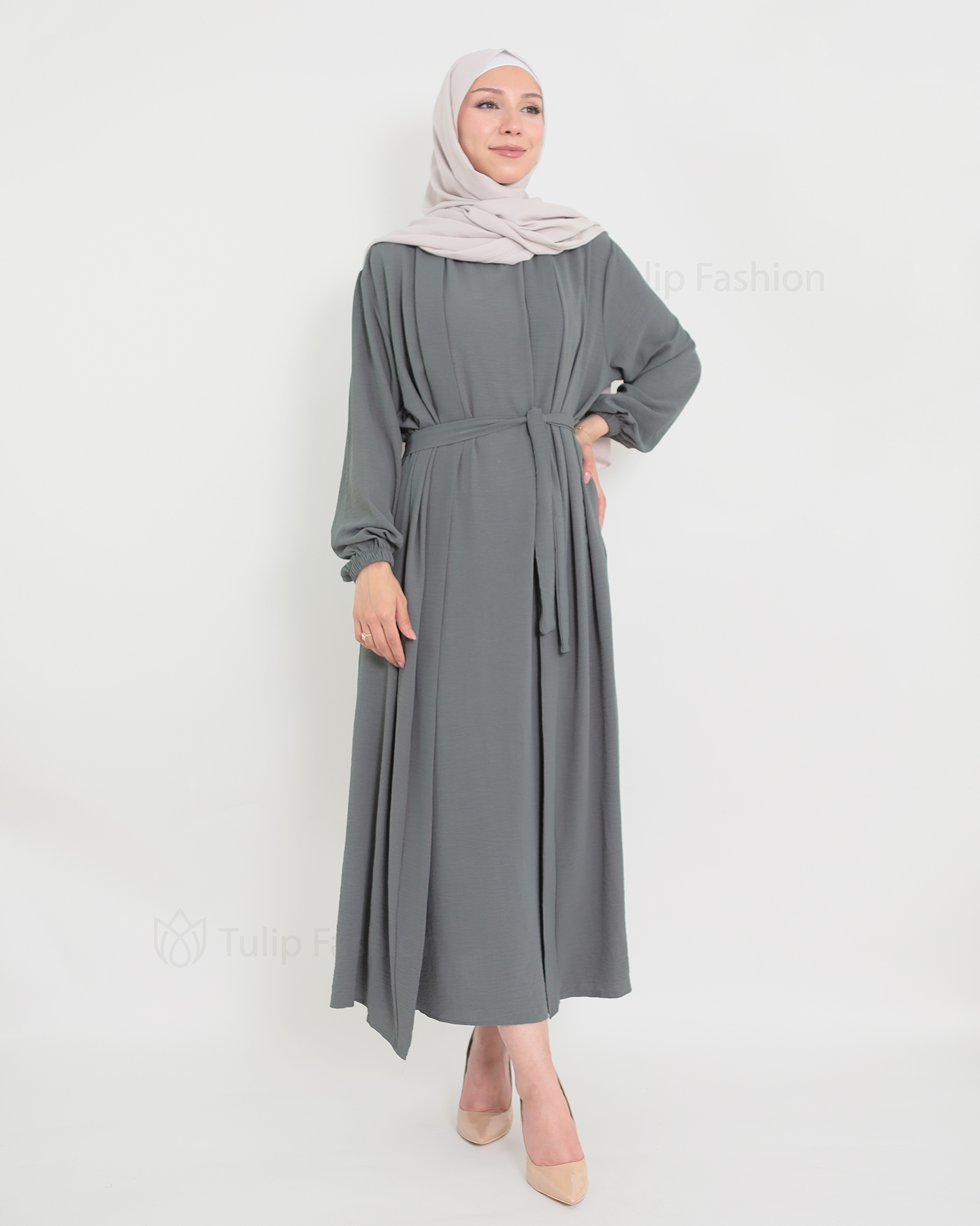 Open Abaya set with sleeveless dress - Gray - 3