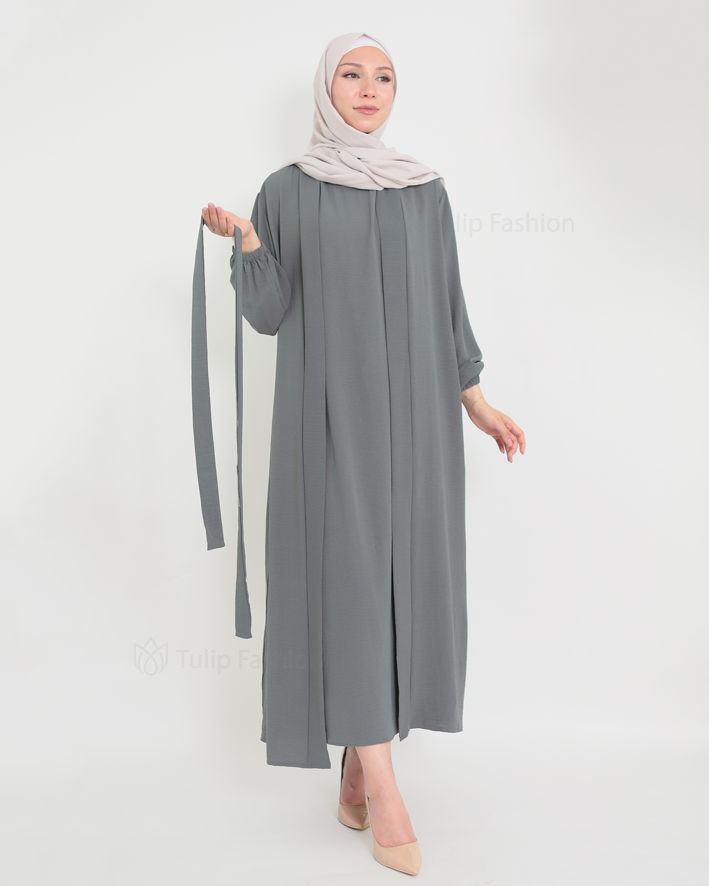 Open Abaya set with sleeveless dress - Gray - 2