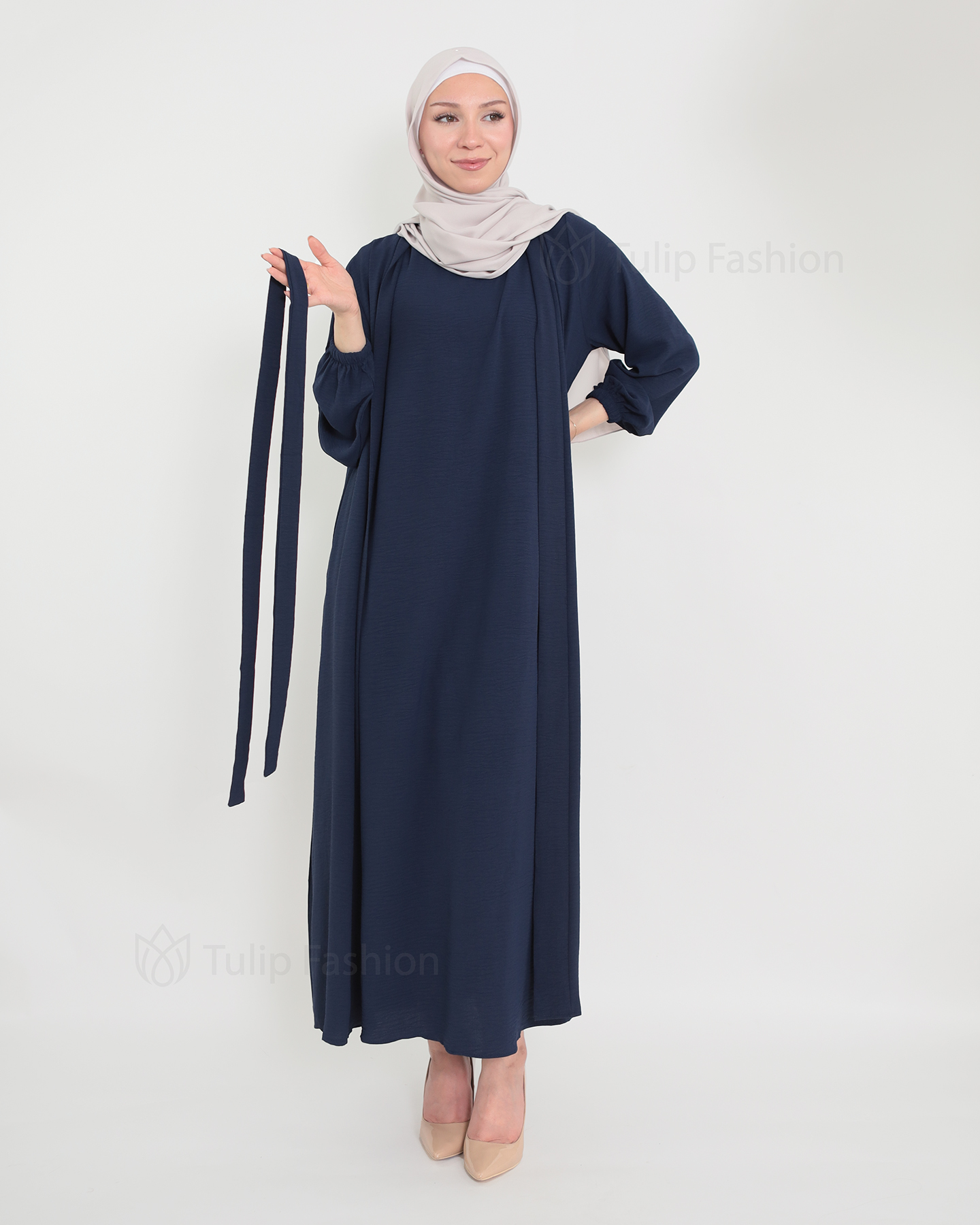 Open Abaya set with sleeveless dress - Midnight Blue - 2