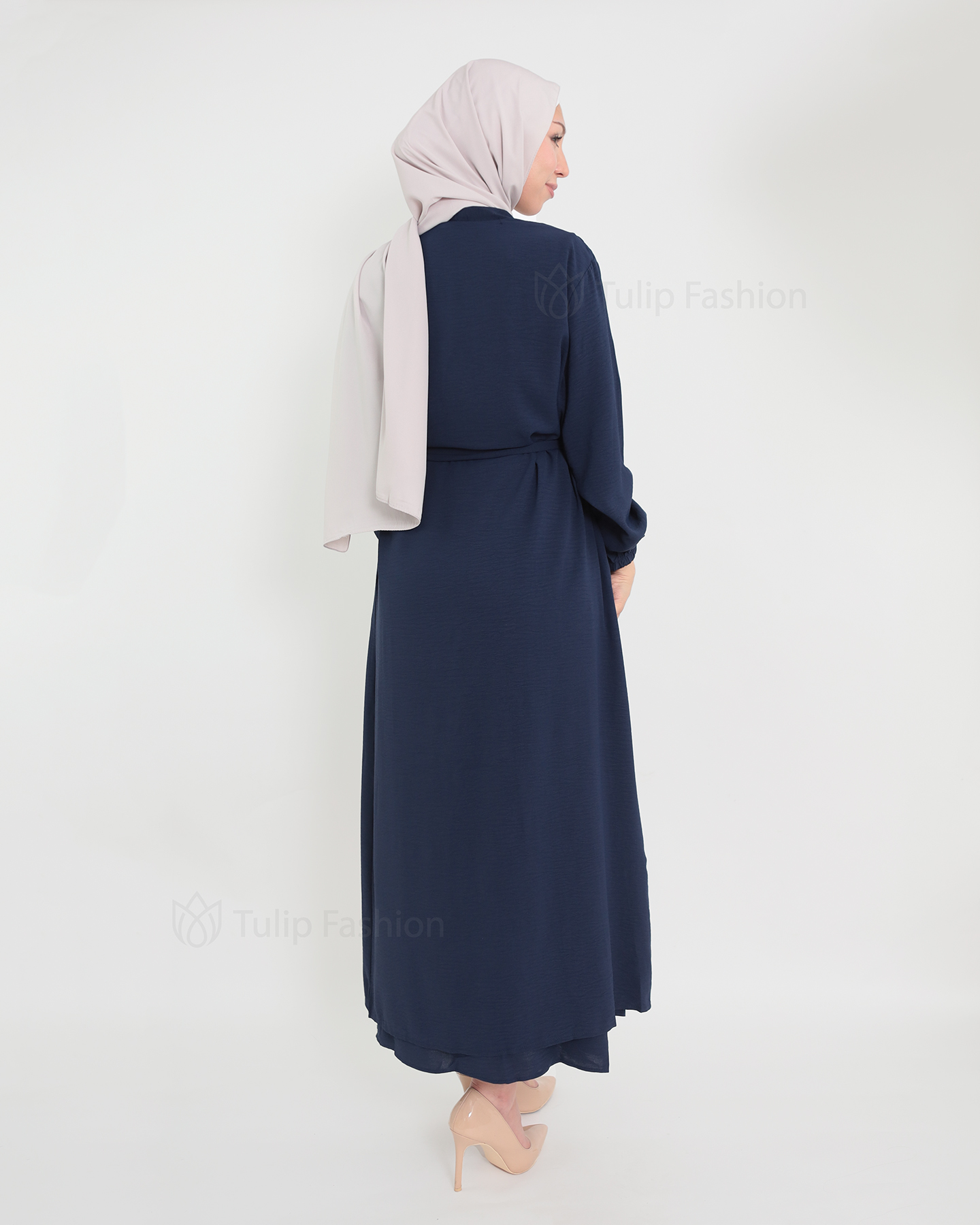 Open Abaya set with sleeveless dress - Midnight Blue - 4