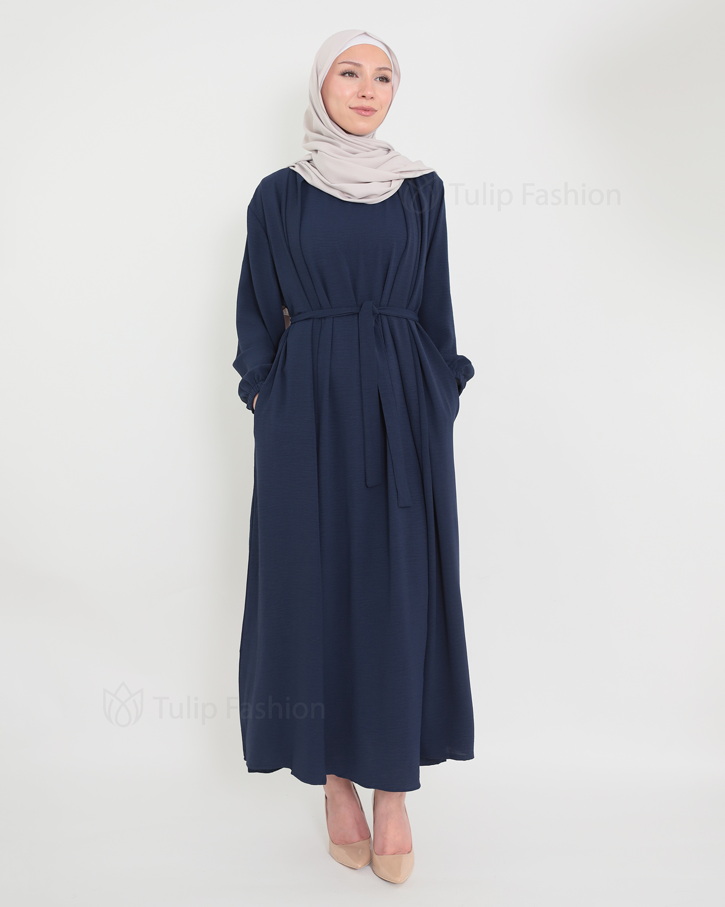 Open Abaya set with sleeveless dress - Midnight Blue