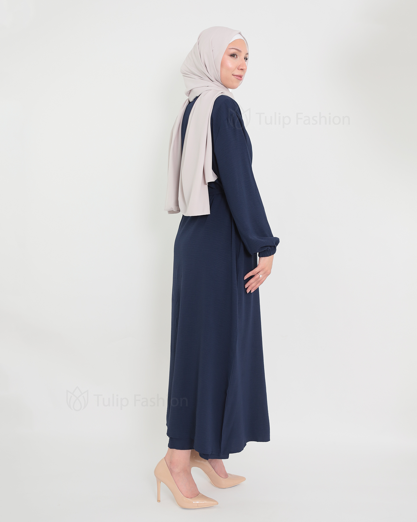 Open Abaya set with sleeveless dress - Midnight Blue - 3