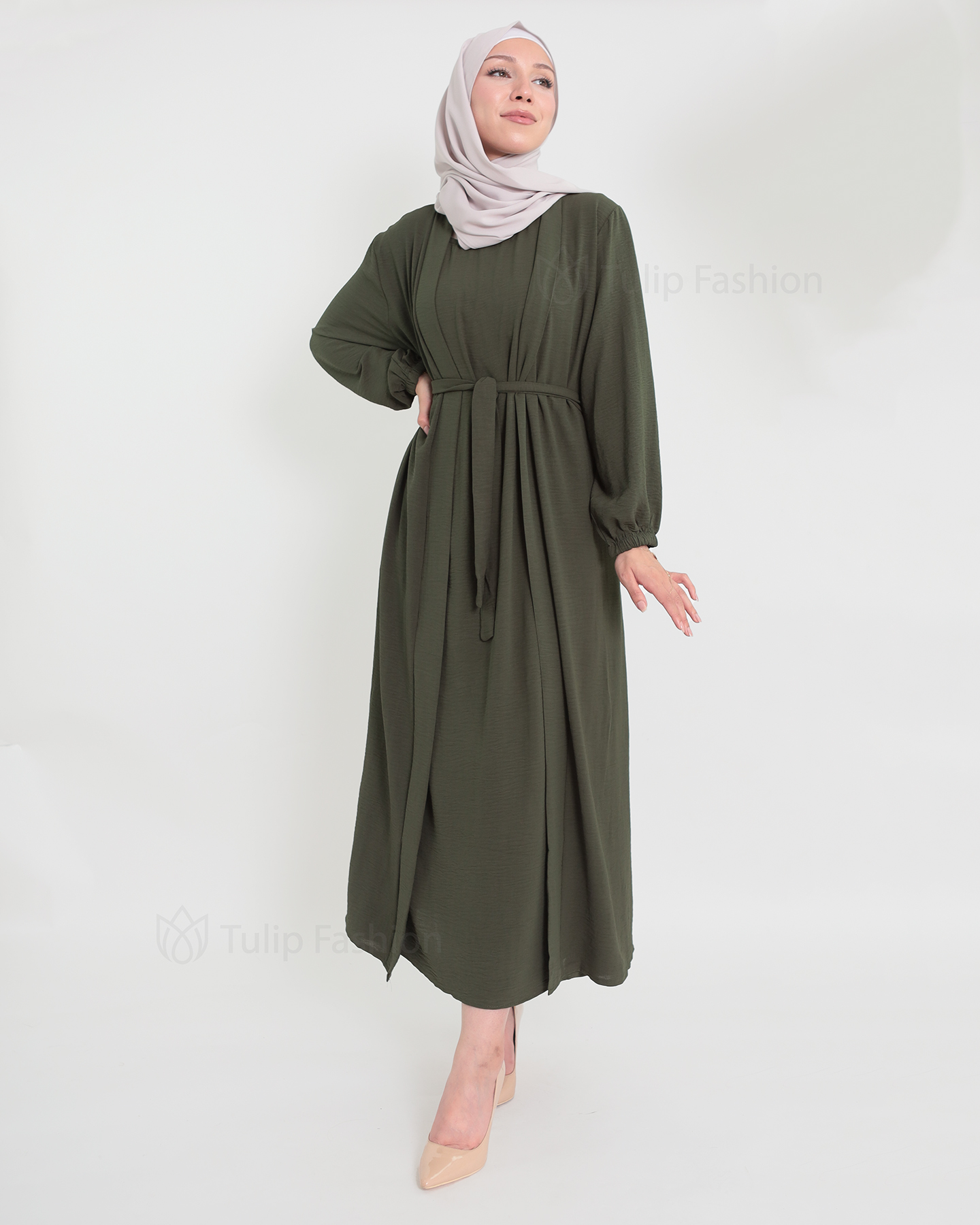 Open Abaya set with sleeveless dress - Olive Green - 3