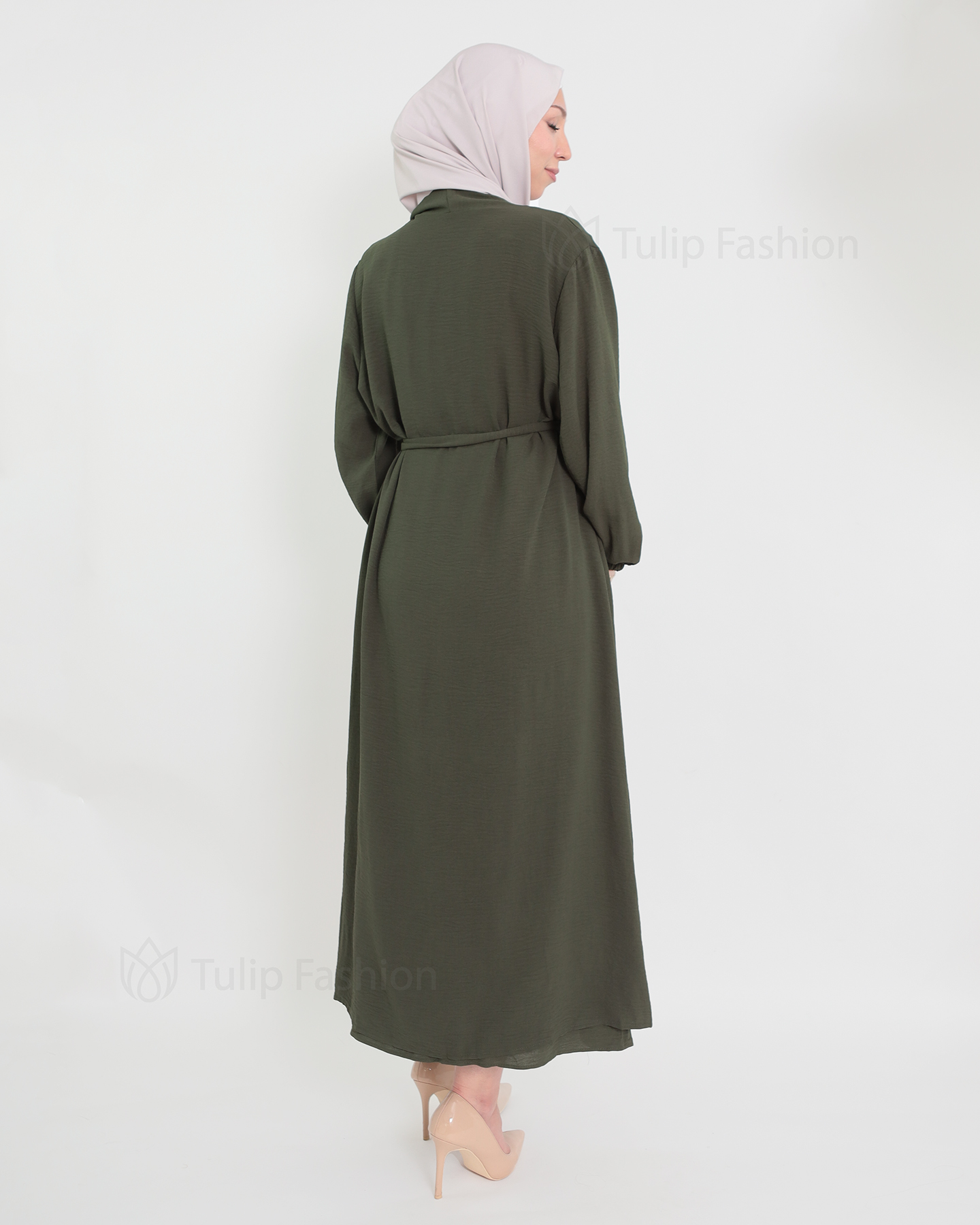 Open Abaya set with sleeveless dress - Olive Green - 5