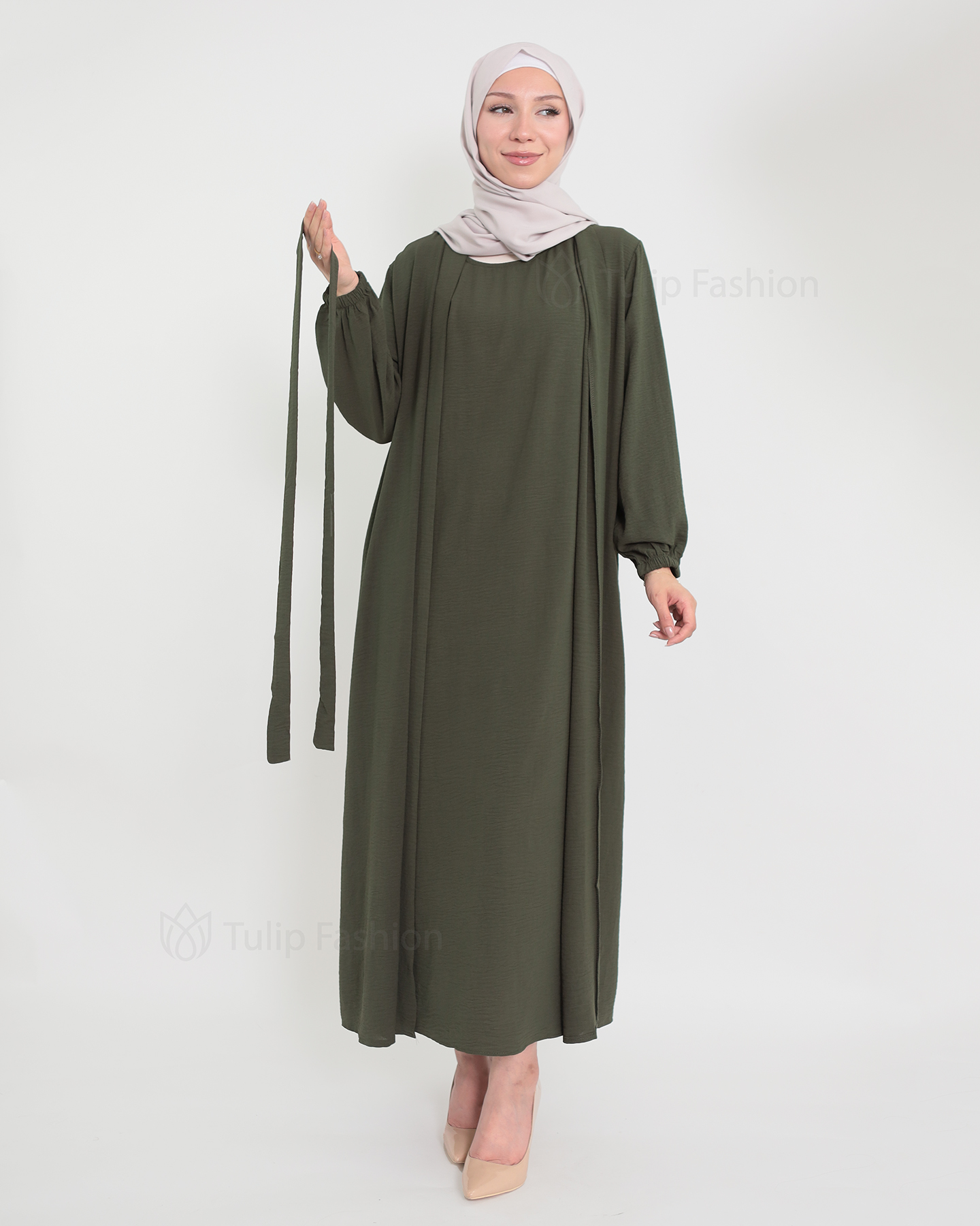 Open Abaya set with sleeveless dress - Olive Green - 2