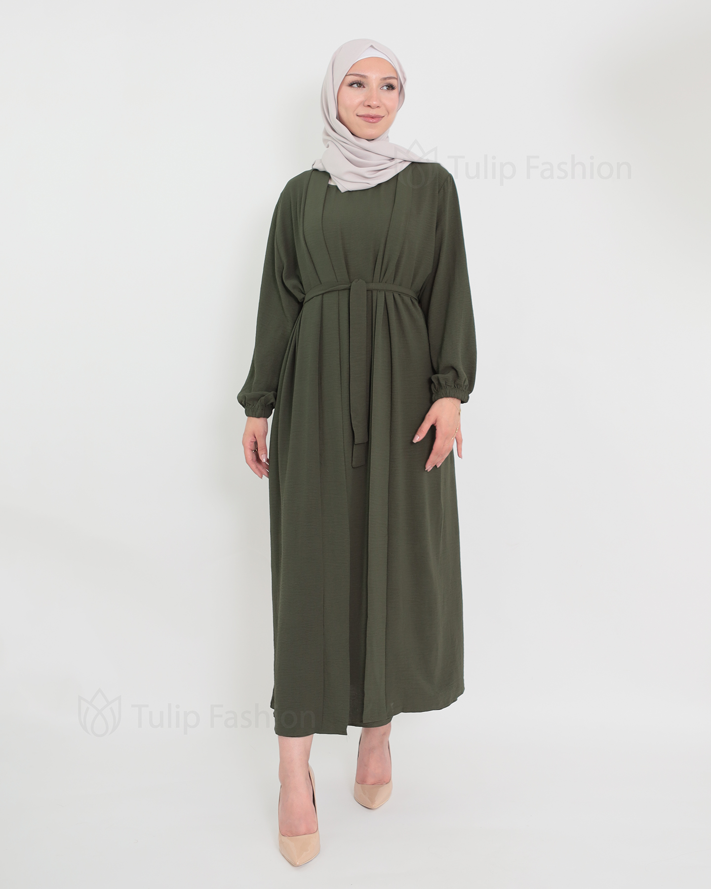 Open Abaya set with sleeveless dress - Olive Green - 4
