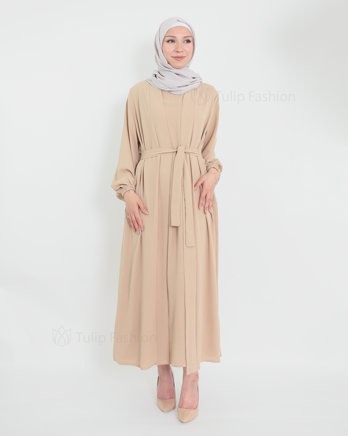 Open Abaya set with sleeveless dress - Beige - 3