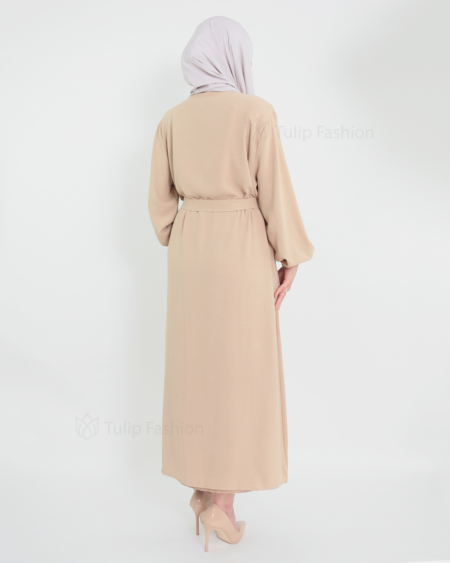 Open Abaya set with sleeveless dress - Beige - 4