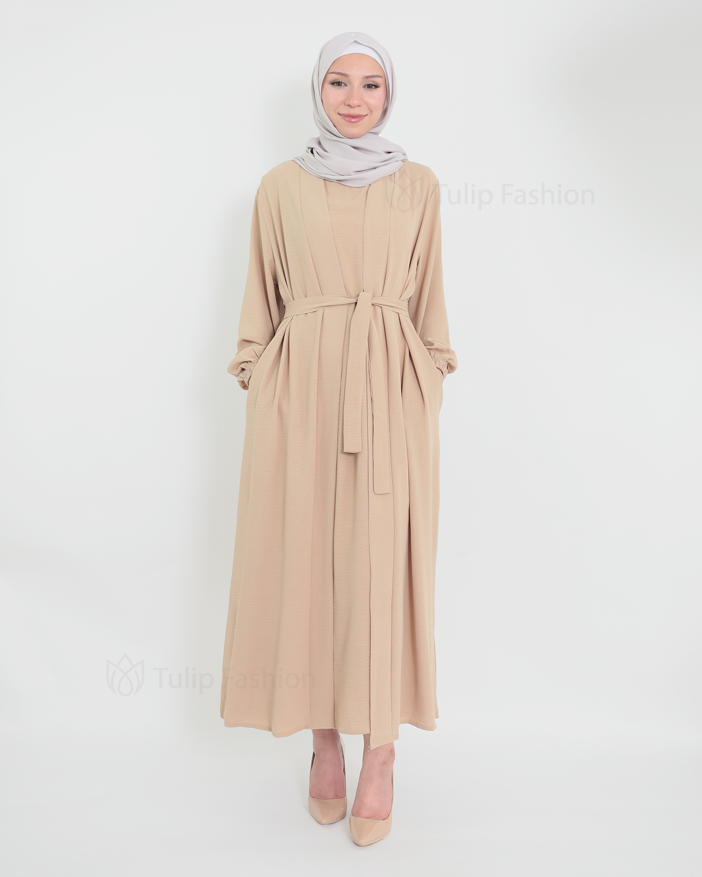 Open Abaya set with sleeveless dress - Beige