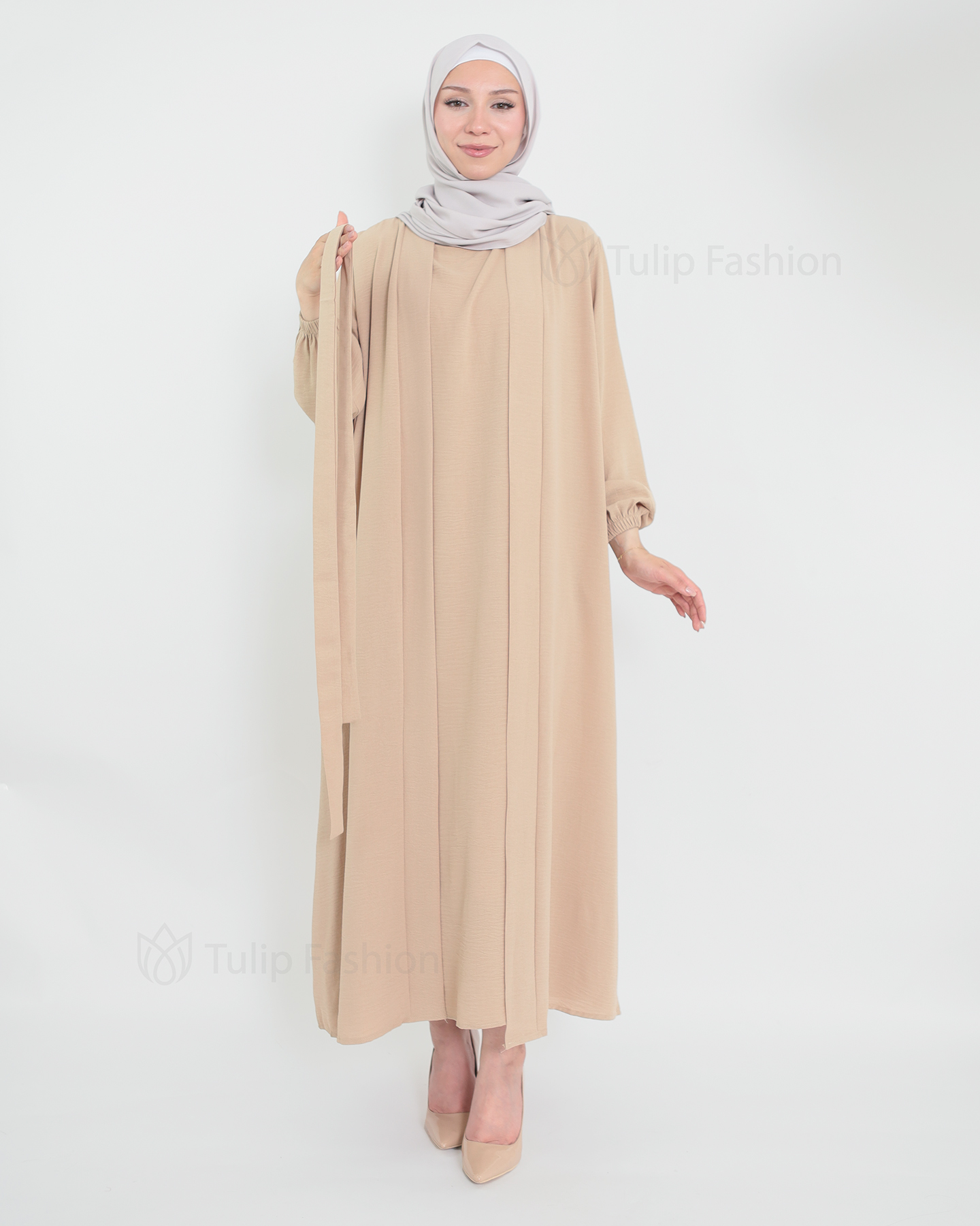Open Abaya set with sleeveless dress - Beige - 2