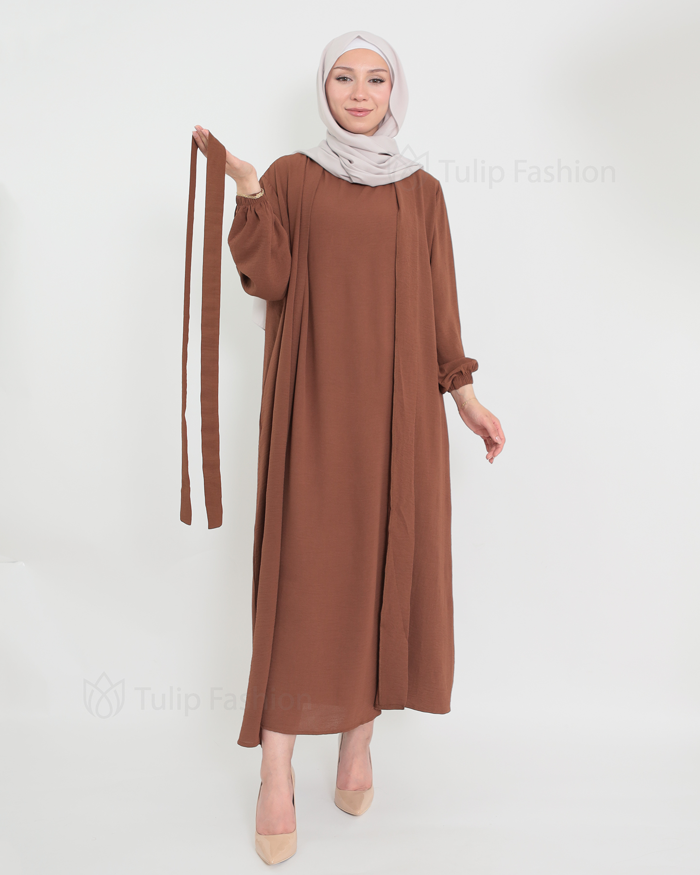 Open Abaya set with sleeveless dress - Brown - 2