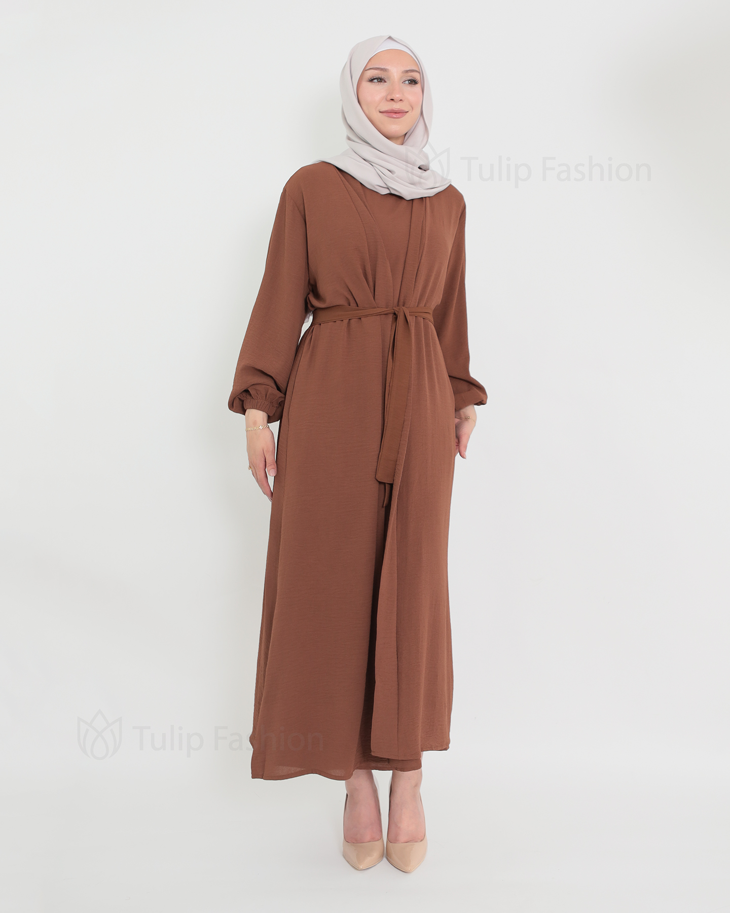 Open Abaya set with sleeveless dress - Brown