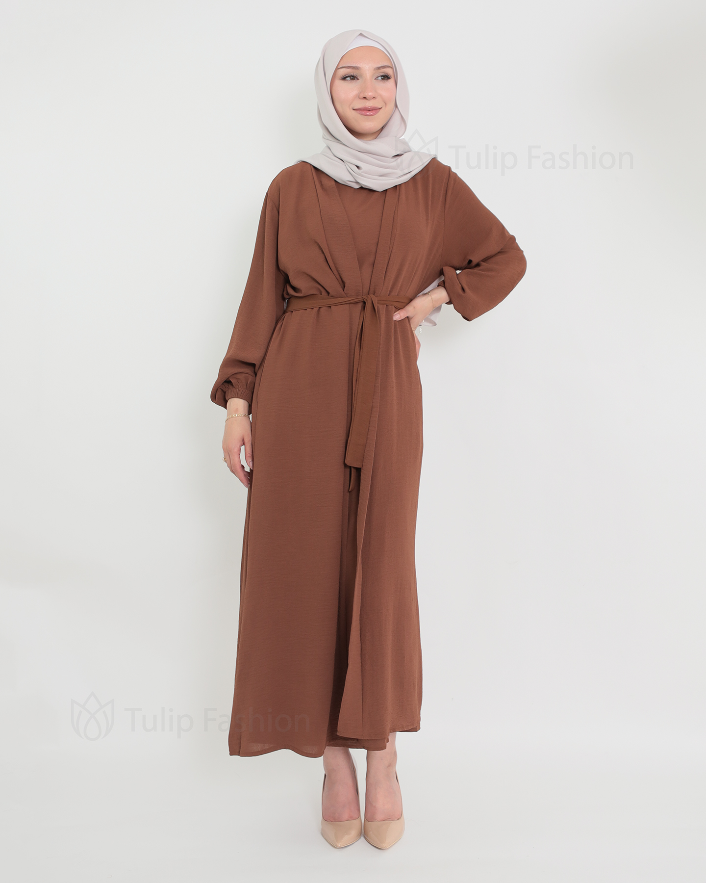 Open Abaya set with sleeveless dress - Brown - 3