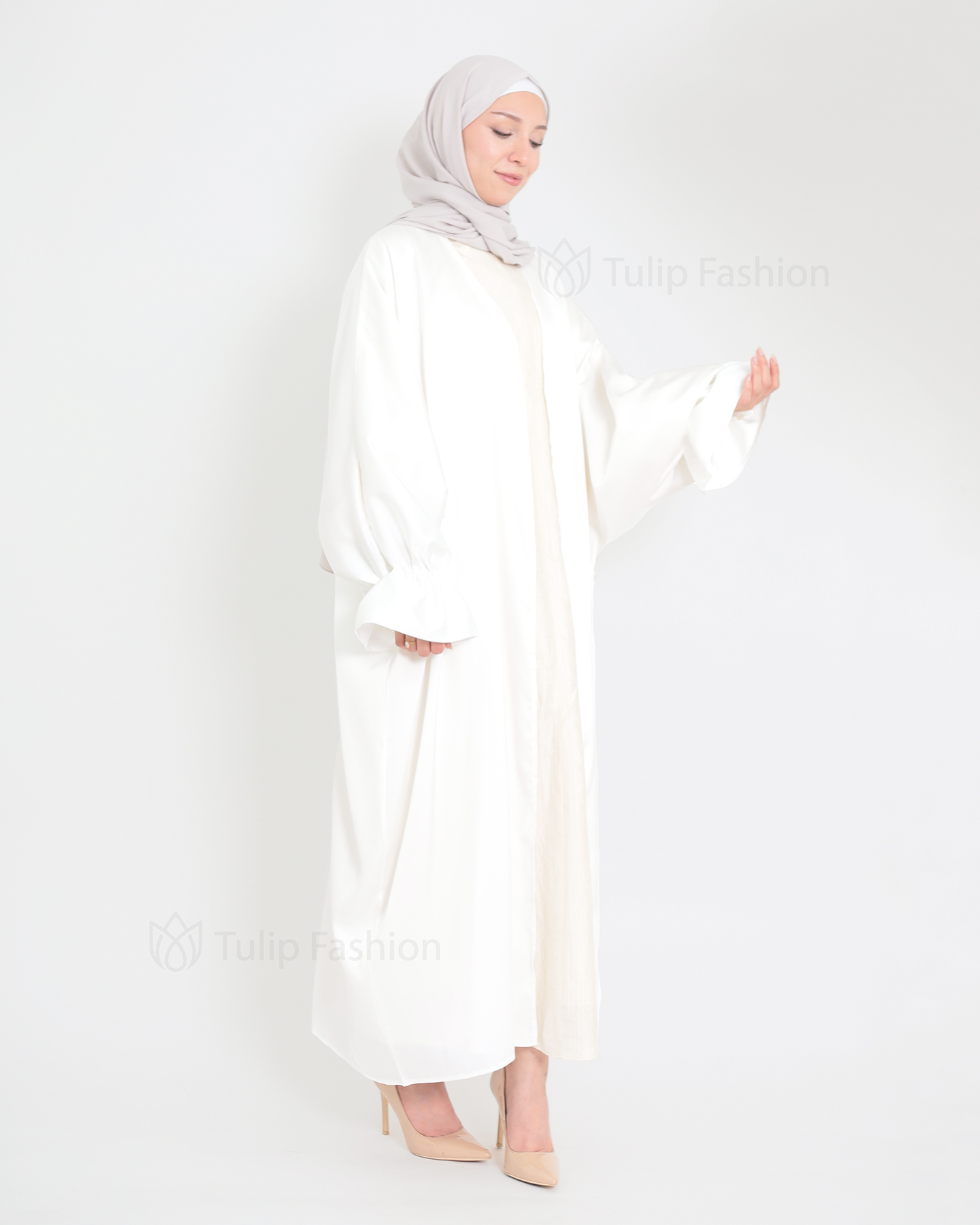 Satin Abaya - White - 3