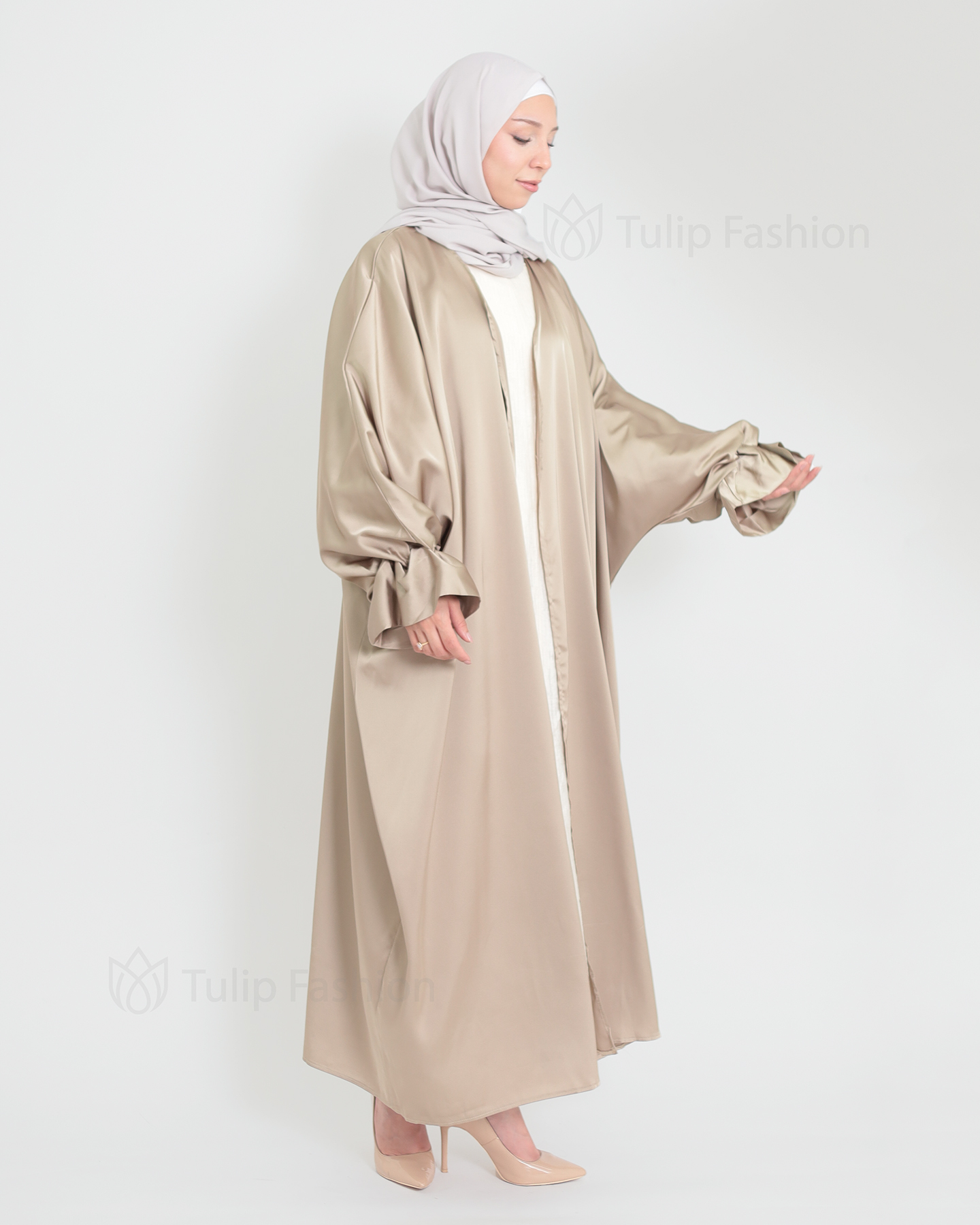 Satin Abaya - Beige - 3