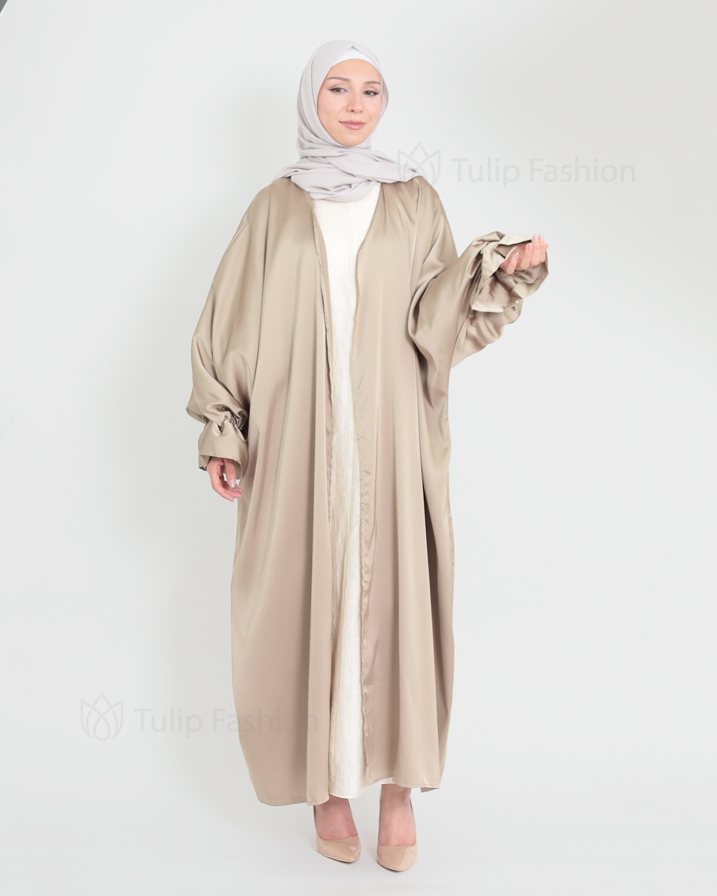 Satin Abaya - Beige - 4