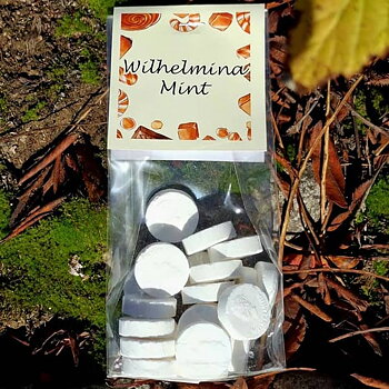 Wilhelmina Mint 125 gram transparent påse stående ute på en sten.