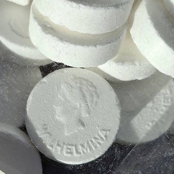 Närbild på tre vita Wilhelmina pepparmyntstabletter i en hand med Drottning Wilhelmina präglad på ytan.