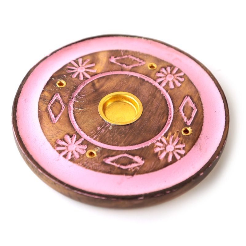 Mango Wood Round Painted Pink Flower Ashcatcher Incense Burner