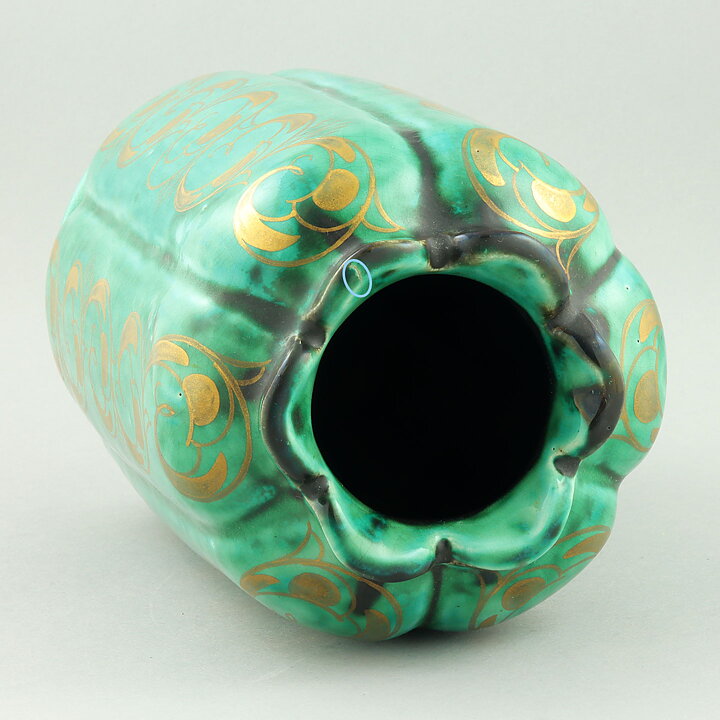 Wilhelm Kåge (1924) Green Organic Vase with Golden Decor 22 cm 