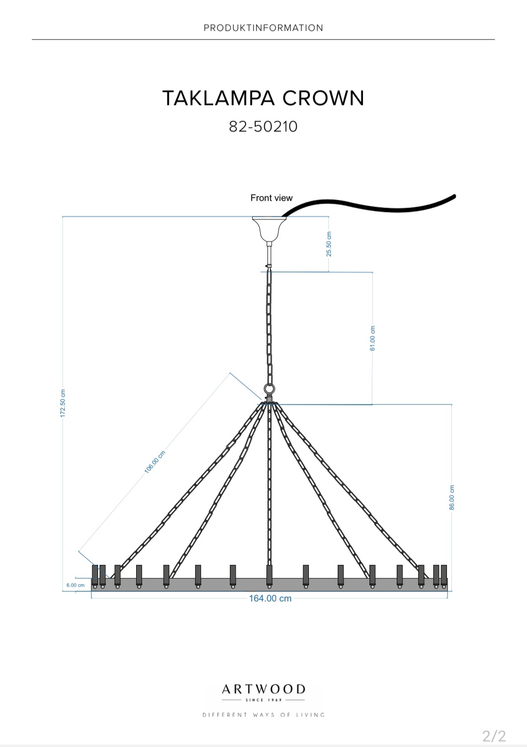 Crown Taklampa Järn 165 cm inkl. 30 st ljuskällor - 8